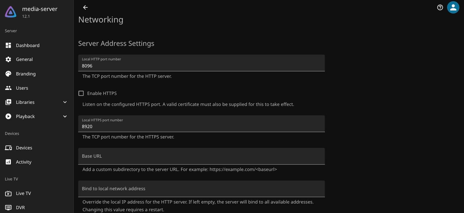 Jellyfin dashboard Networking page showing the local HTTP and HTTPS port fields and Enable HTTPS checkbox