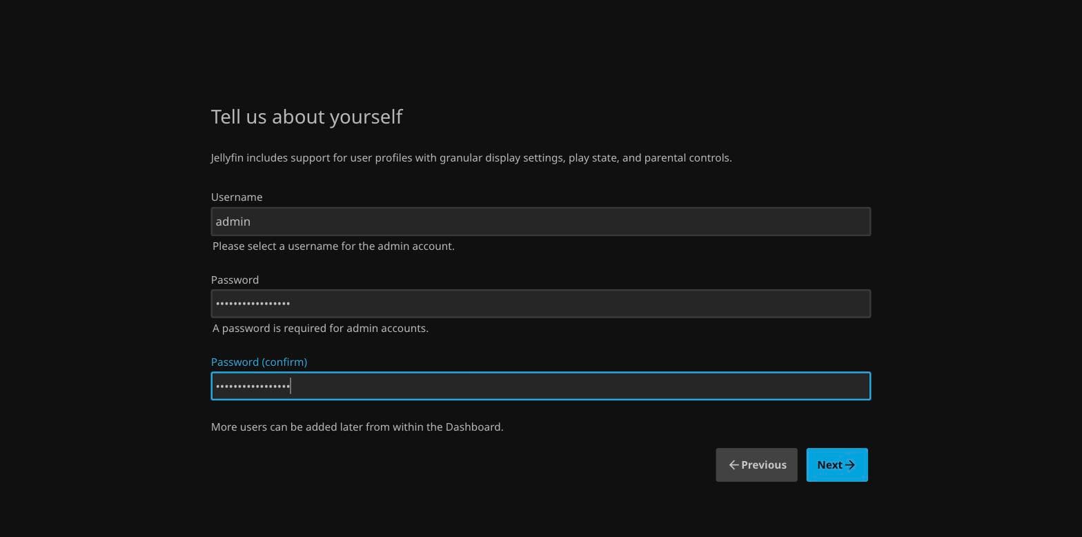 Jellyfin wizard screen for creating the admin username and password