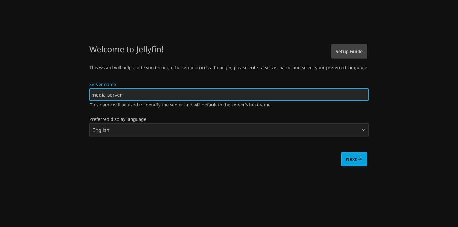 Jellyfin first-run wizard asking for a server name and preferred display language